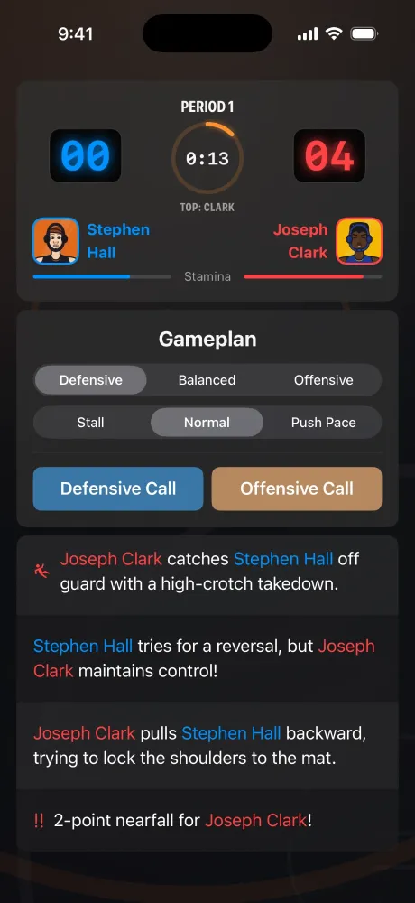 Live match screen with score, period clock, stamina bars and gameplan controls